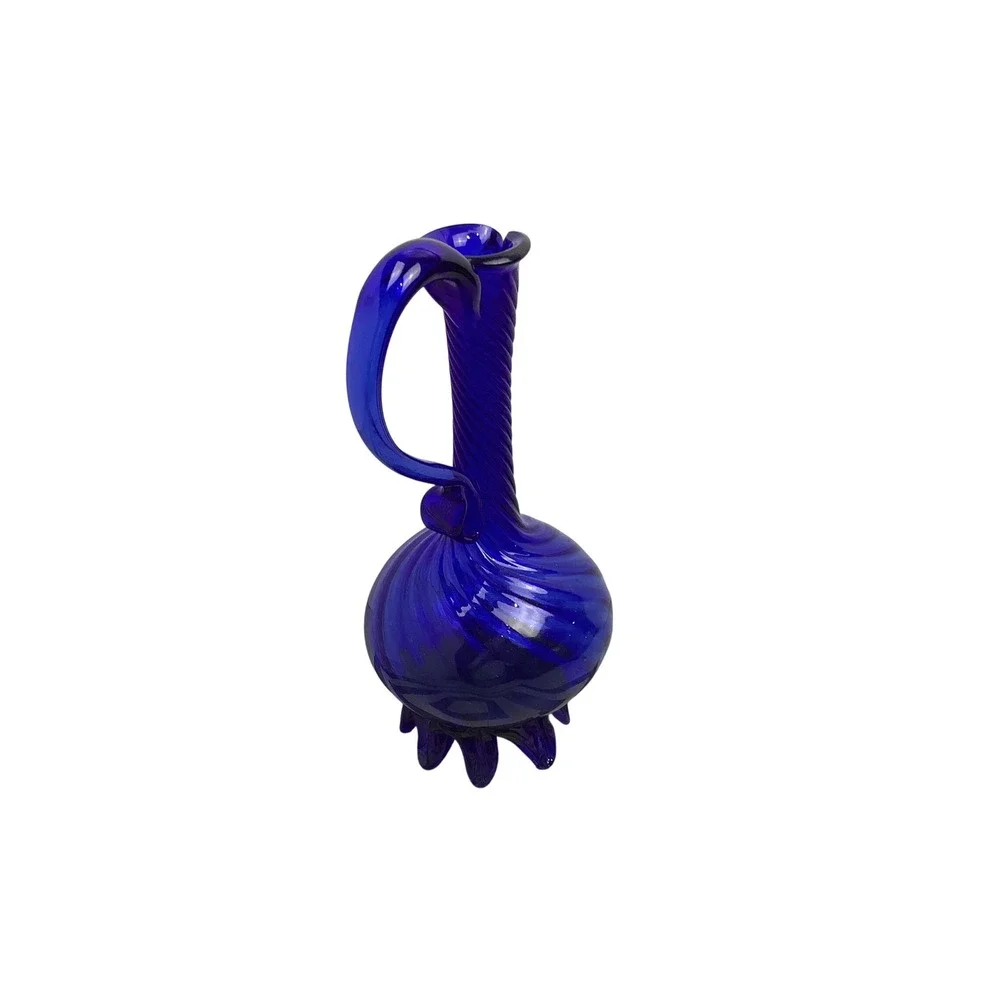 Vintage MCM Empoli Italy Cobalt Blue Art Glass Ewer Optic Swirl Rigaree Base Lg
